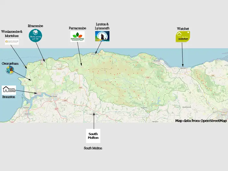 Map of North Devon and par of Somerset showing the location of the CLTs represented at the meeting.