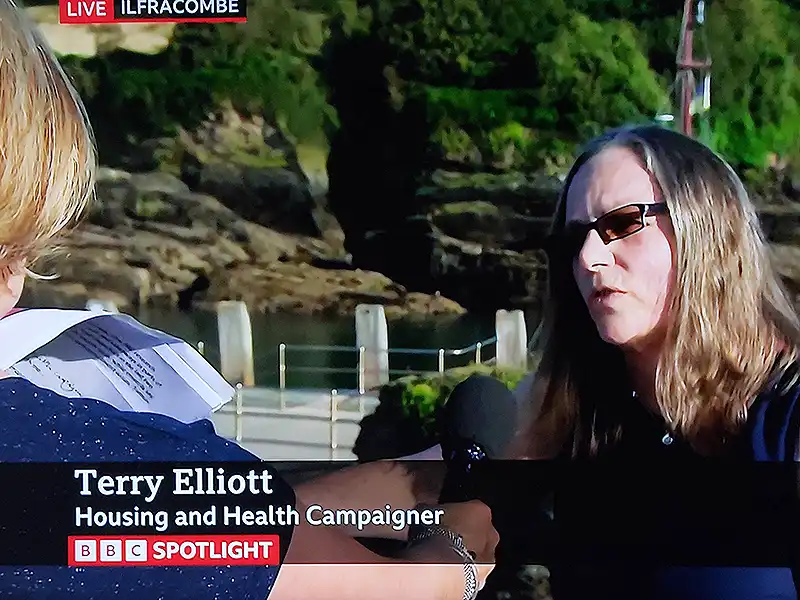 Photo of Terry Elliott interviewed by BBC Spotlight's Victoria Graham
